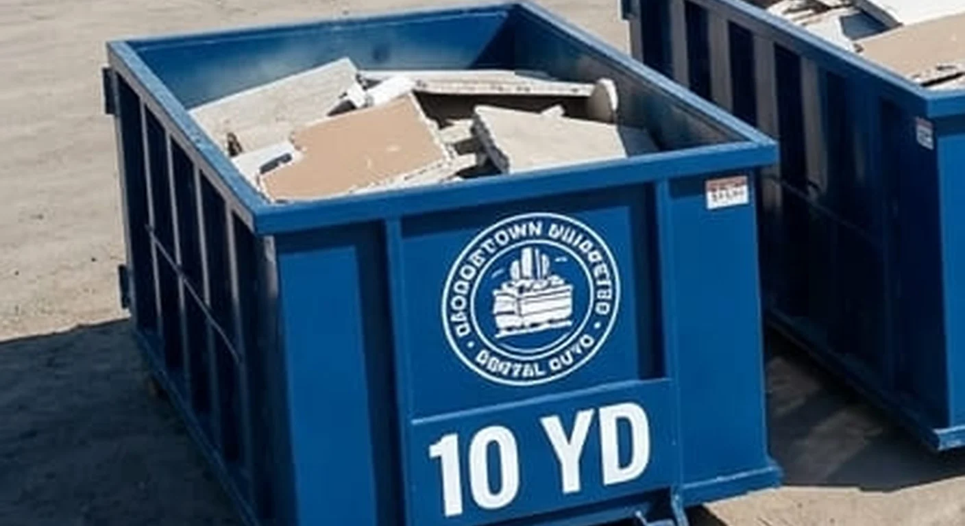 A Georgetown Dumpster Rental Guys 10 yard roll-off dumpster, part of a five-container size lineup with the size printed on the side