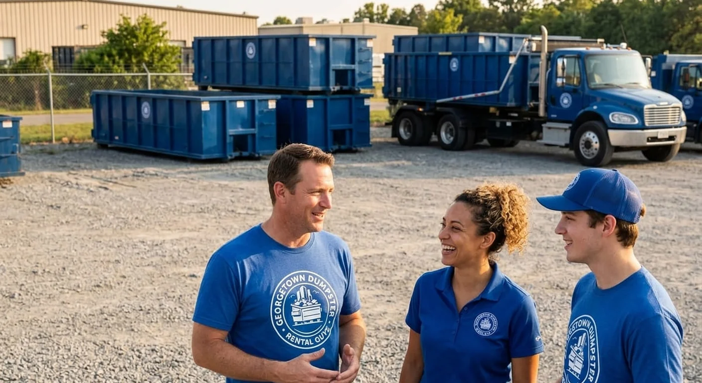 Georgetown Dumpster Rental Guys crew members talking beside dumpsters and trucks staged in the company yard