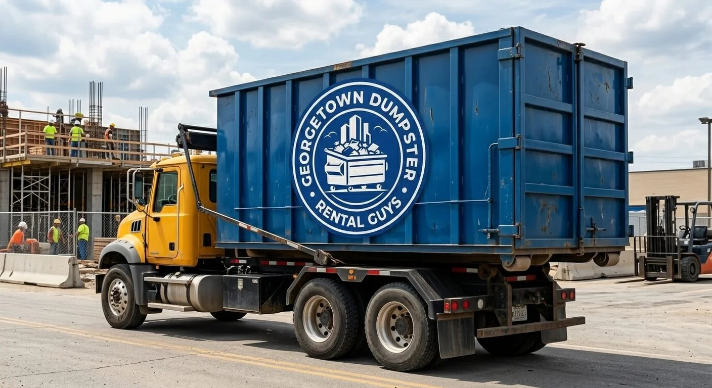 A Georgetown Dumpster Rental Guys roll-off dumpster loaded on a delivery truck at an active construction site