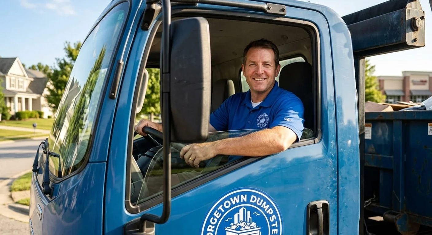 A Georgetown Dumpster Rental Guys driver smiling from the cab of a delivery truck, ready for a delivery run