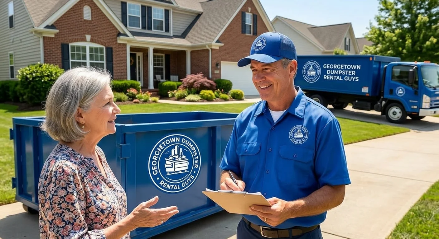 A Georgetown Dumpster Rental Guys driver going over a work order with a homeowner beside a dumpster in a residential driveway
