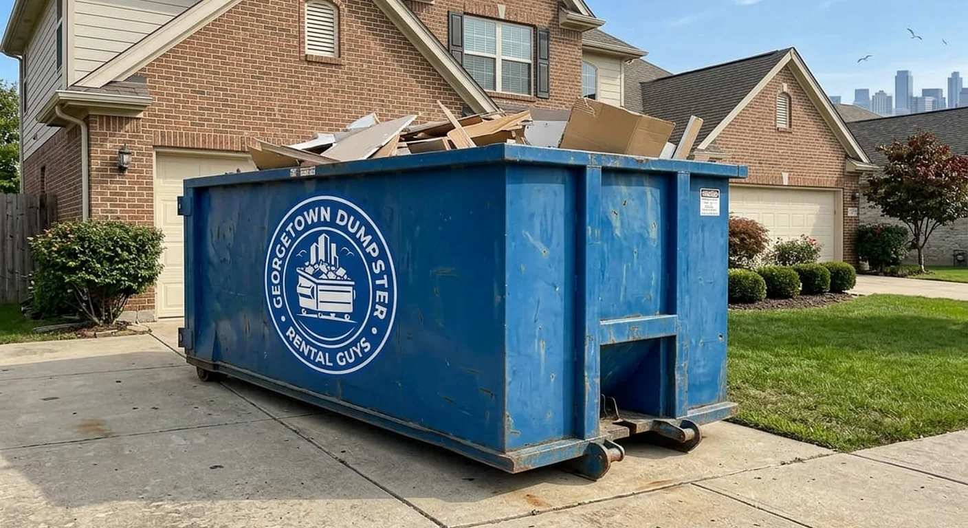 A Georgetown Dumpster Rental Guys blue roll-off dumpster staged on a residential driveway, filled with a home cleanout load