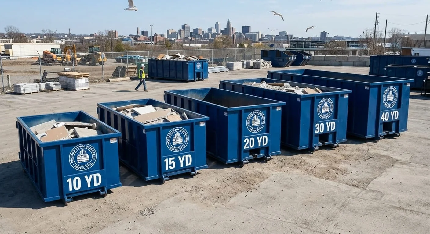 Five Georgetown Dumpster Rental Guys roll-off dumpsters lined up side by side, from 10 yard to 40 yard, each size printed on the container