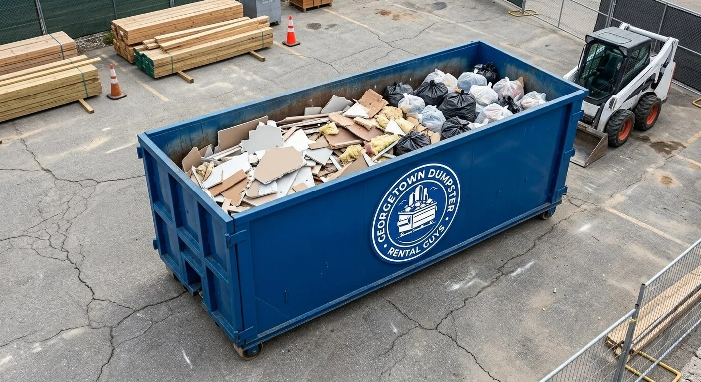 A Georgetown Dumpster Rental Guys roll-off dumpster loaded with mixed cleanout debris, staged for pickup