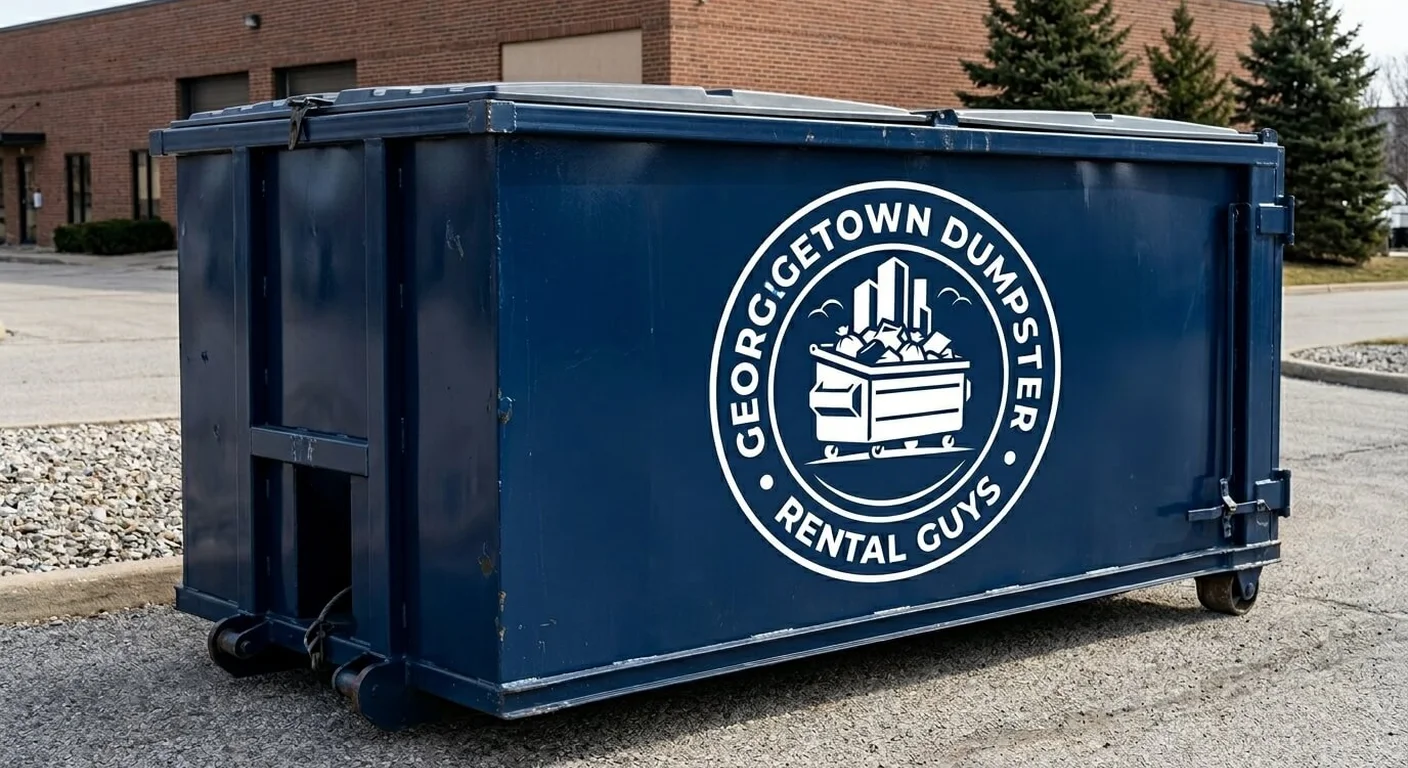 A Georgetown Dumpster Rental Guys blue roll-off container staged in the company yard, brand decal on the side
