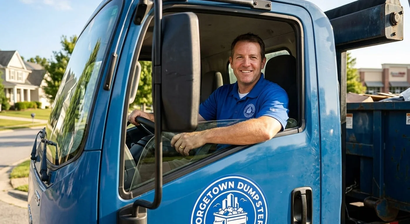 A Georgetown Dumpster Rental Guys driver going over delivery details for a same-day drop-off in Sun City, TX