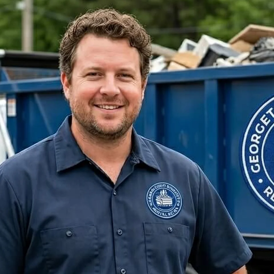 The Lead Driver at Georgetown Dumpster Rental Guys, standing beside a company roll-off dumpster loaded with construction debris