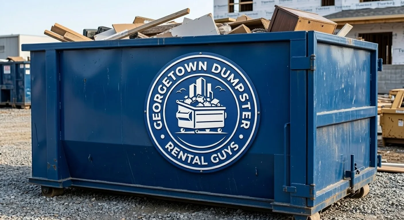 A Georgetown Dumpster Rental Guys roll-off dumpster staged outside a warehouse, ready for a yard-waste and storm-debris cleanup